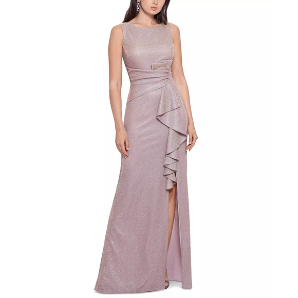 BETSY & ADAM Ruffled-Front Glitter Gown | 14 - Picture 2 of 4